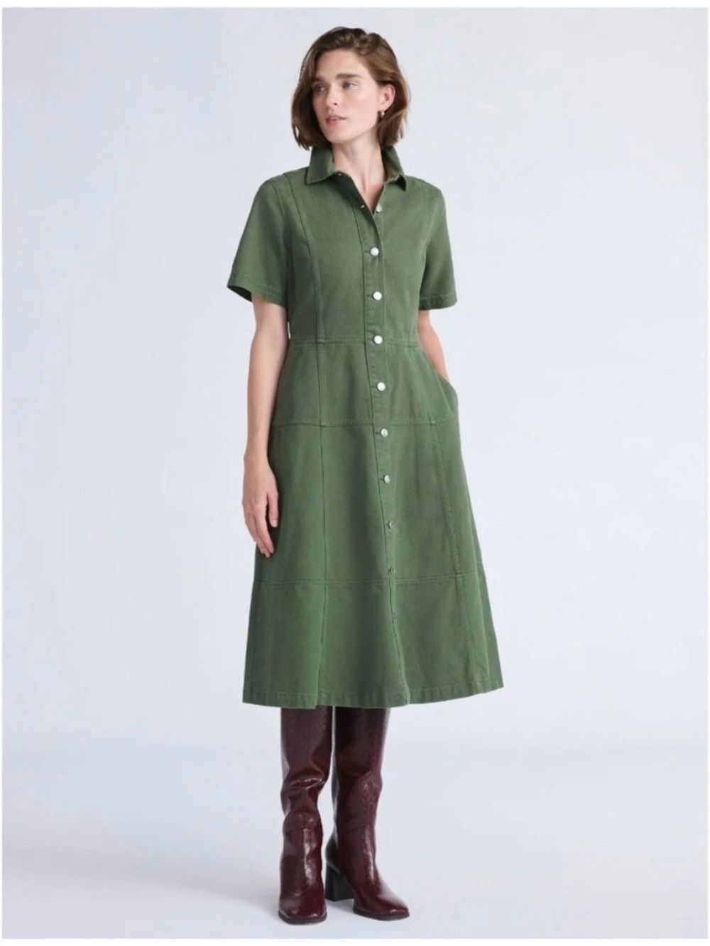 Free Assembly Olive Green Button-Front Midi Shirt Dress